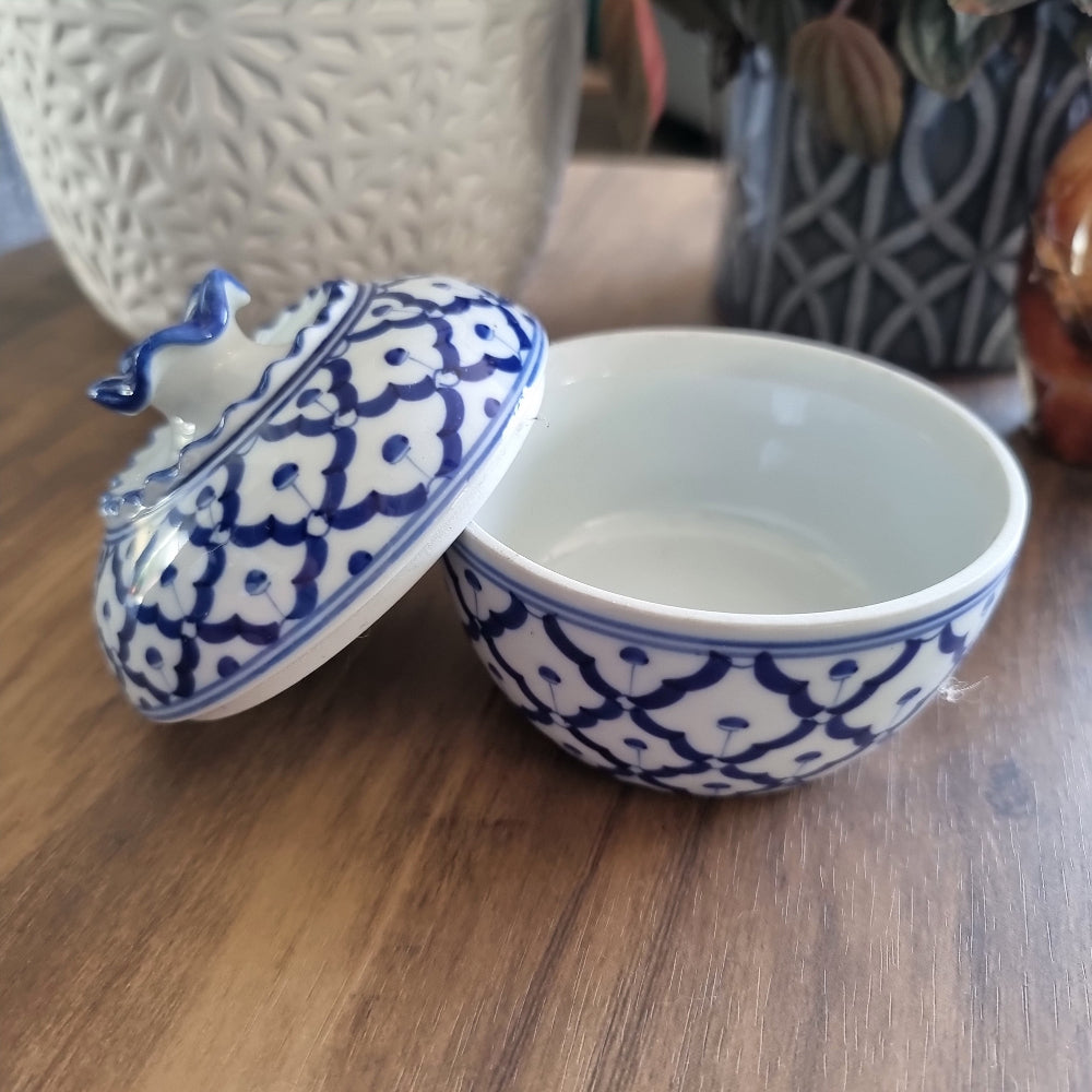 Blue and white hand-painted porcelain lidded pot with scalloped lid, made in Thailand
