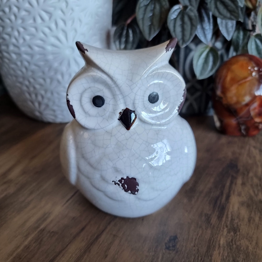 Ceramic owl figurine with crackle glaze and rustic detailing