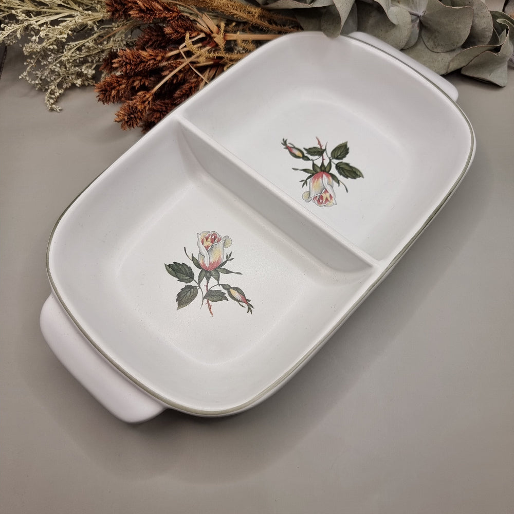 Vintage Denby divided dish with pink rose floral design and two compartments