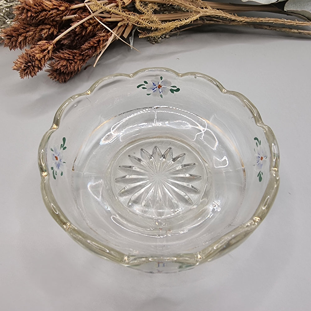 Vintage pressed glass bowl with scalloped edge and hand-painted floral design