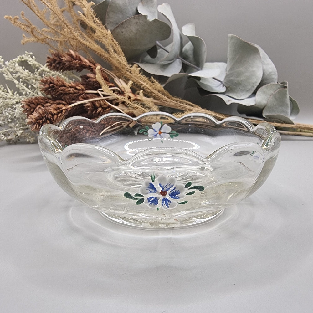 Vintage pressed glass bowl with scalloped edge and hand-painted floral design