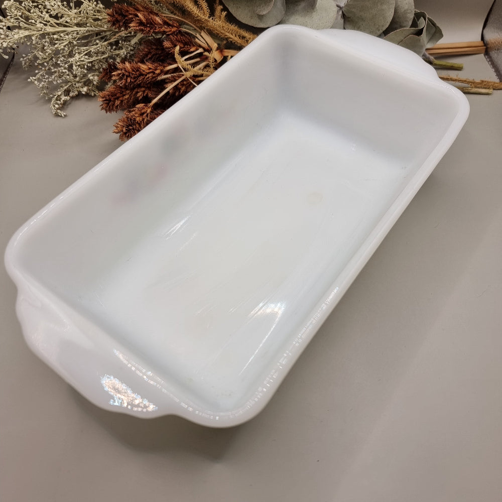 Vintage Anchor Hocking Fire-King loaf dish with rooster and fruit design on white milk glass