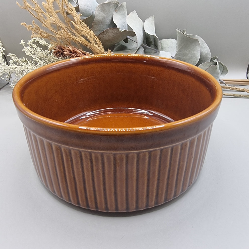 Vintage Milton Brook ribbed stoneware oven dish in brown glaze, made in England