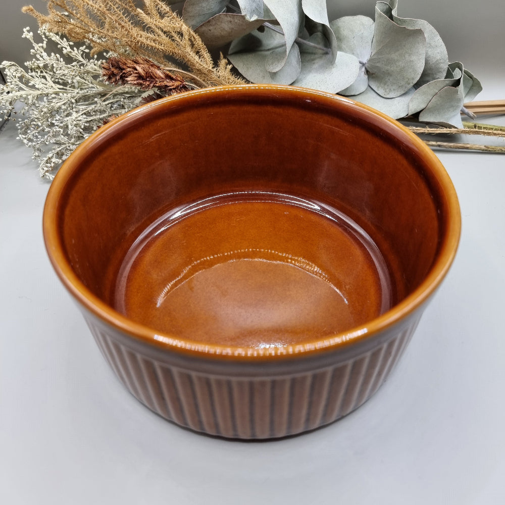 Vintage Milton Brook ribbed stoneware oven dish in brown glaze, made in England