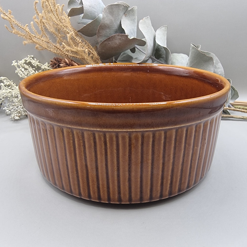 Vintage Milton Brook ribbed stoneware oven dish in brown glaze, made in England