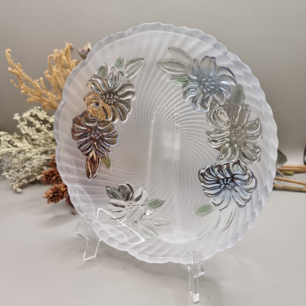 Vintage frosted glass plate with pastel floral raised design