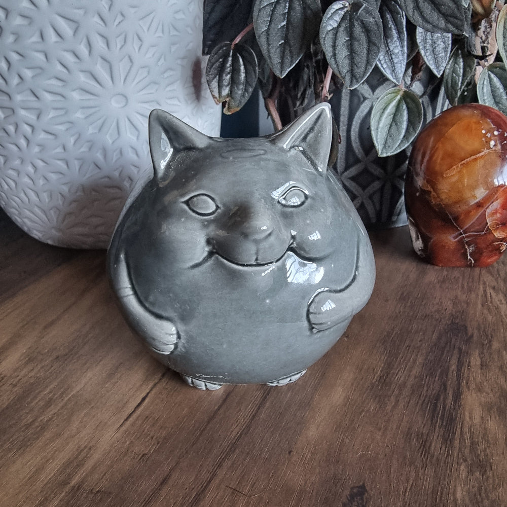 Glossy grey ceramic lucky cat vase with open top and chubby shape