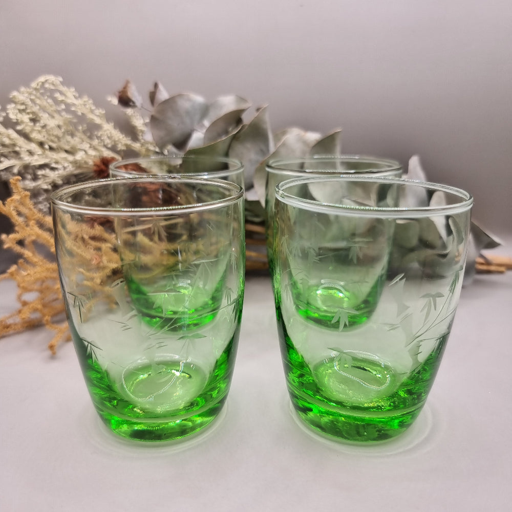 Set of 4 green etched tumblers with bamboo design.