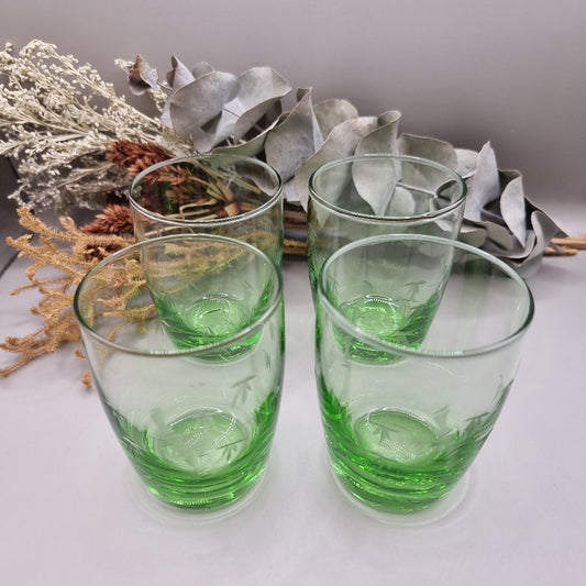 Set of 4 green etched tumblers with bamboo design.