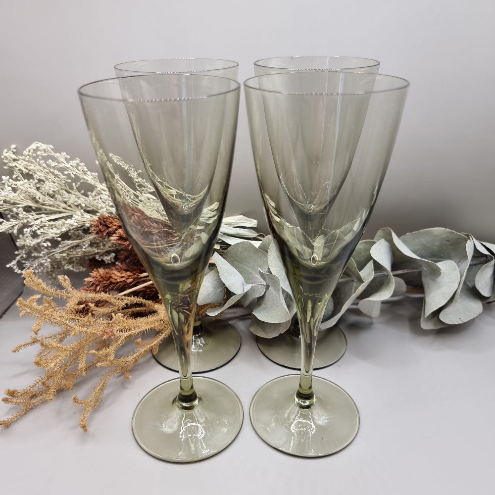 Set of four olive green champagne flutes with tapered stems