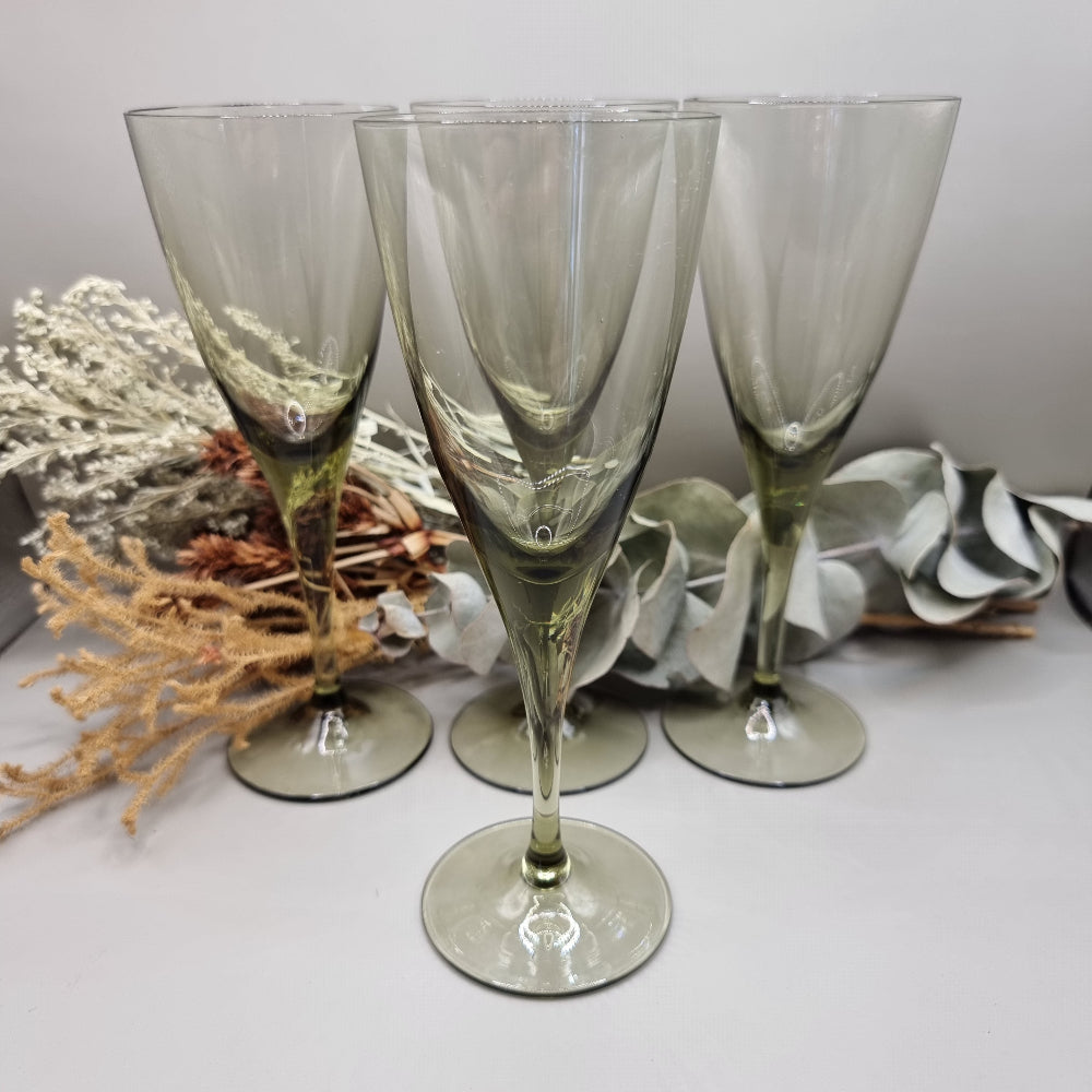 Set of four olive green champagne flutes with tapered stems