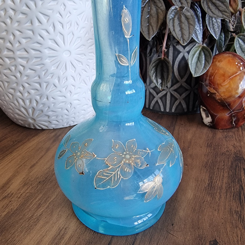 Aqua blue glass bud vase with hand-painted gold floral design