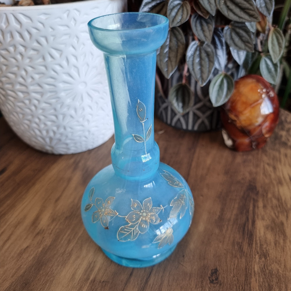Aqua blue glass bud vase with hand-painted gold floral design