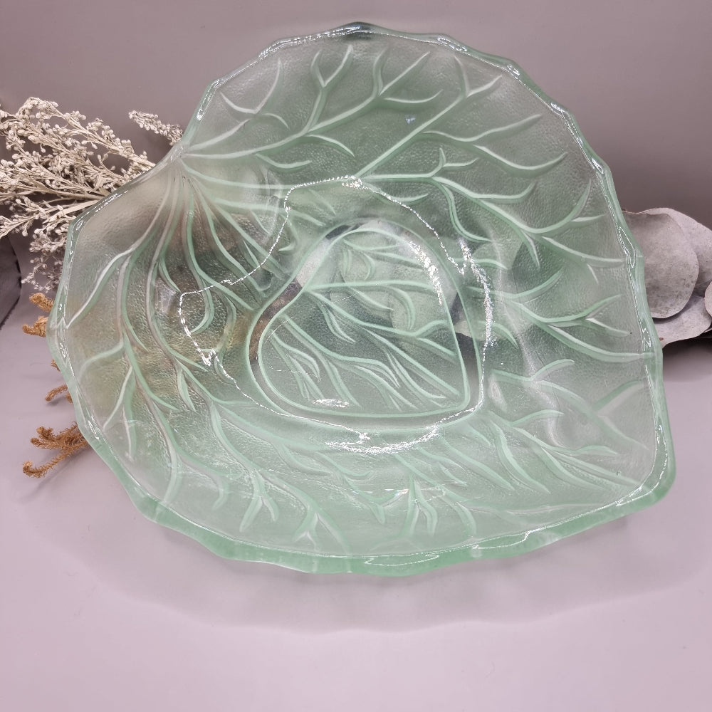 Vintage Bagley green leaf glass bowl with scalloped edge and textured design.