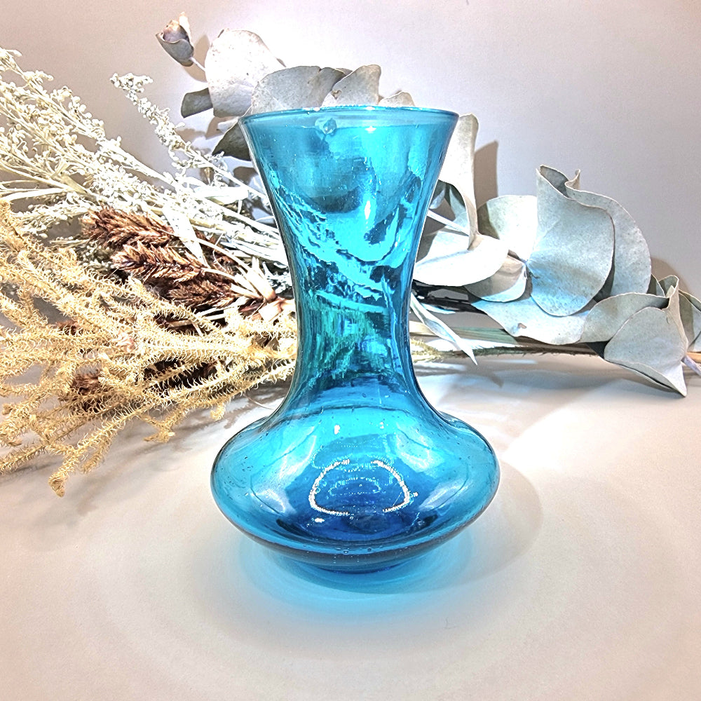 Mid-century blue handblown glass vase with hourglass shape
