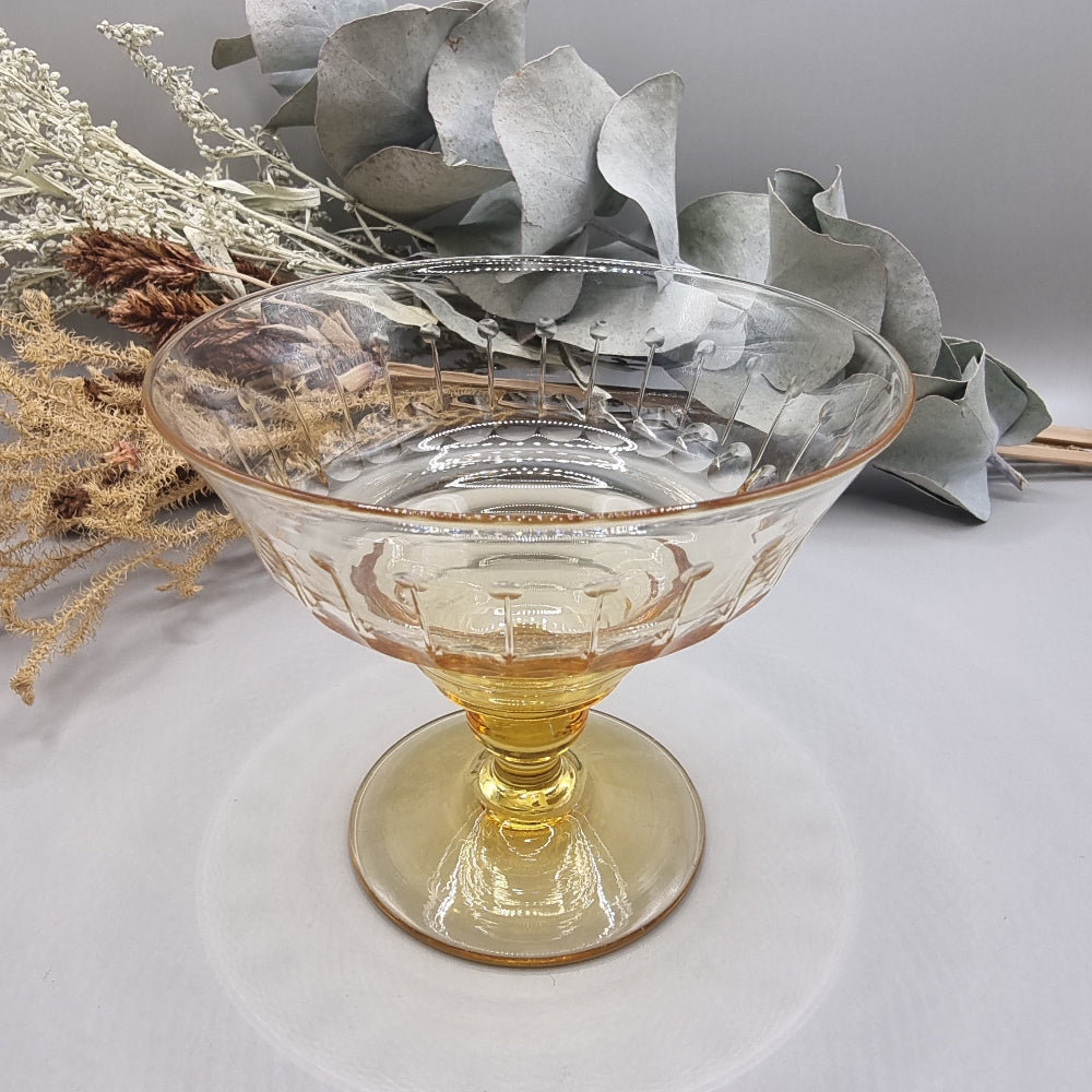 Pair of vintage amber glass dessert coupes with etched detailing