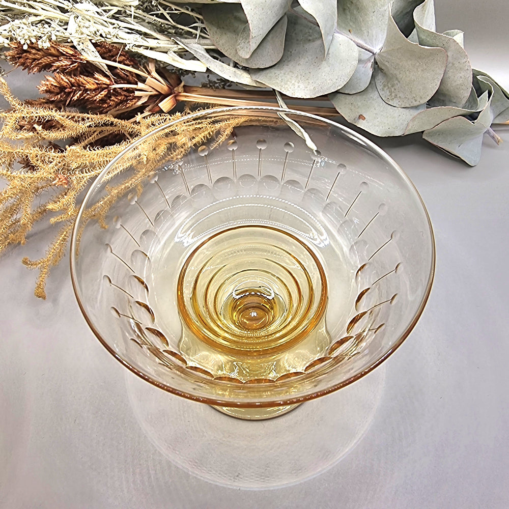 Pair of vintage amber glass dessert coupes with etched detailing