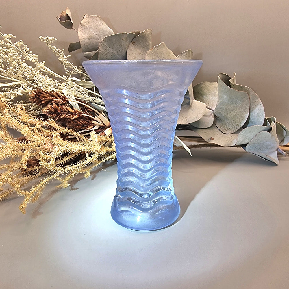 Art Deco frosted blue depression glass vase with flared rim and wave design