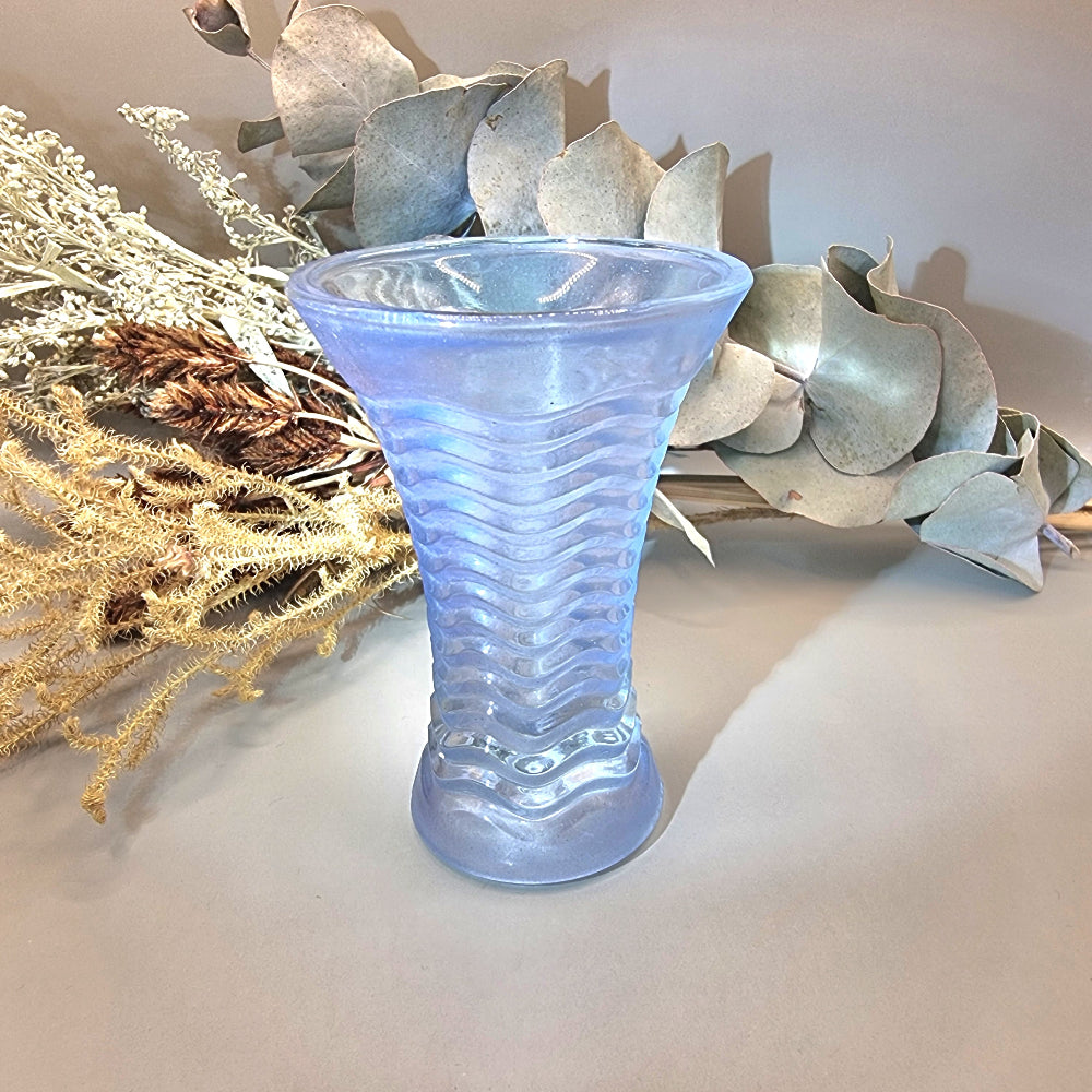 Art Deco frosted blue depression glass vase with flared rim and wave design