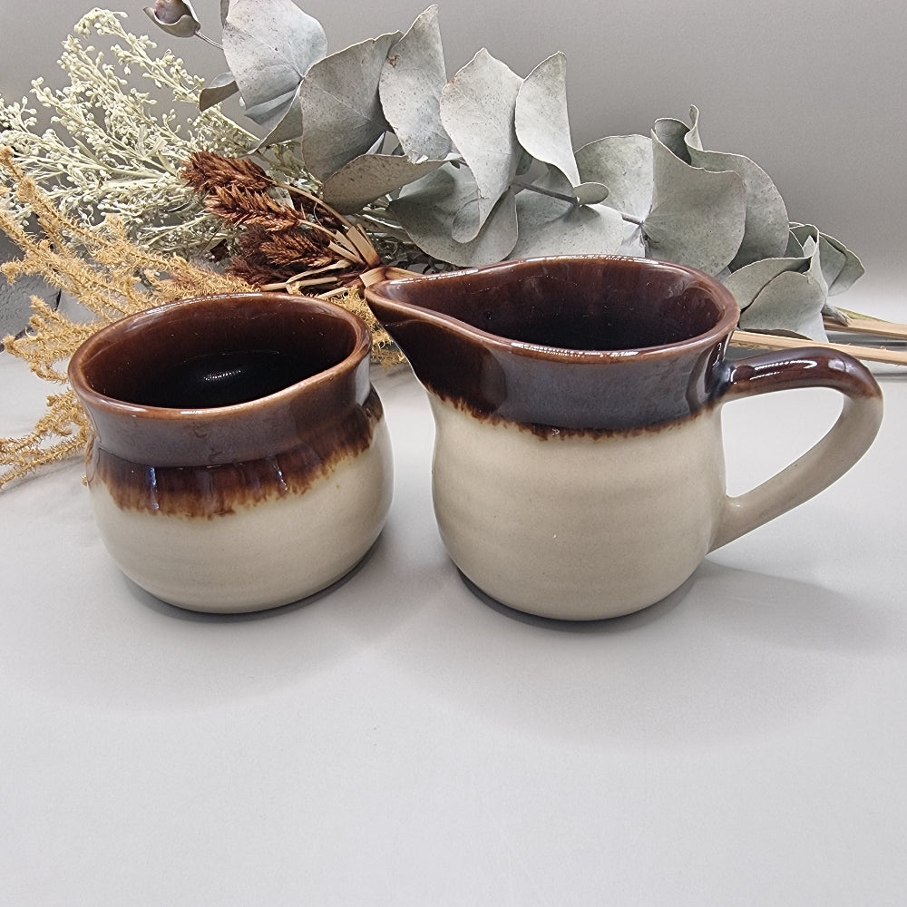 Vintage drip glaze cream jug and sugar bowl set in brown and beige