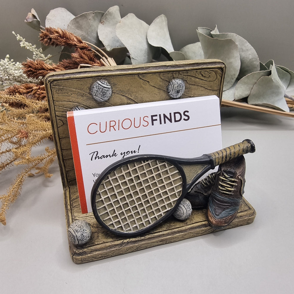 Vintage tennis-themed letter and card holder with racquet, shoes and tennis balls.