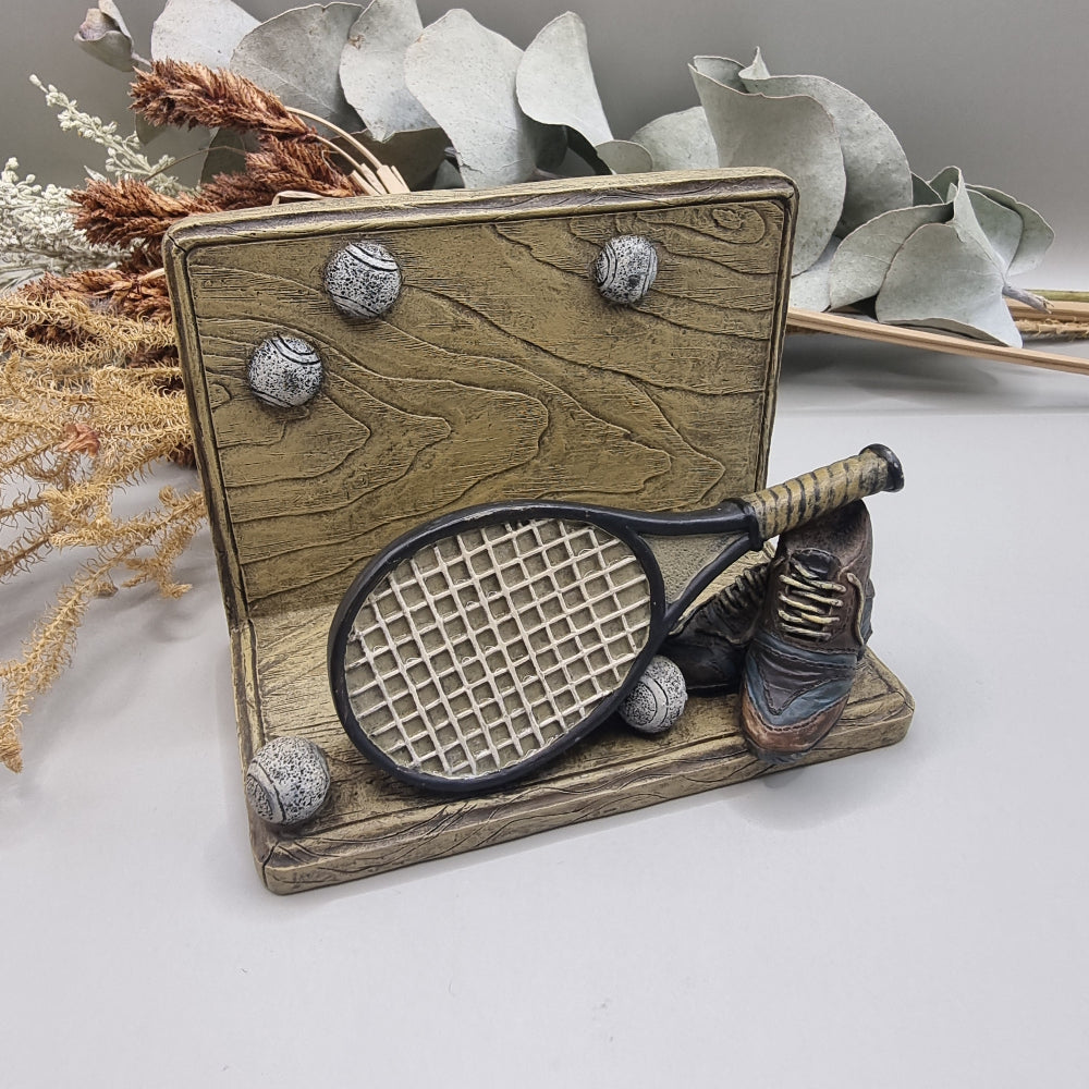 Vintage tennis-themed letter and card holder with racquet, shoes and tennis balls.