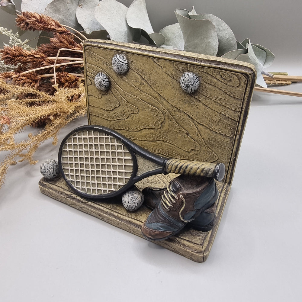 Vintage tennis-themed letter and card holder with racquet, shoes and tennis balls.