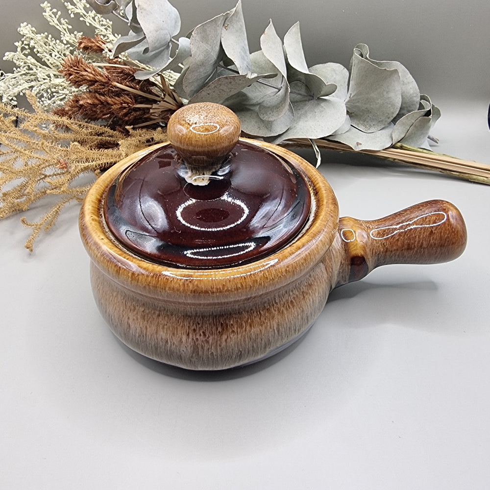 Brown drip glaze soup pot with lid and handle, 1970s style.