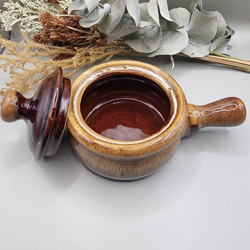 Brown drip glaze soup pot with lid and handle, 1970s style.