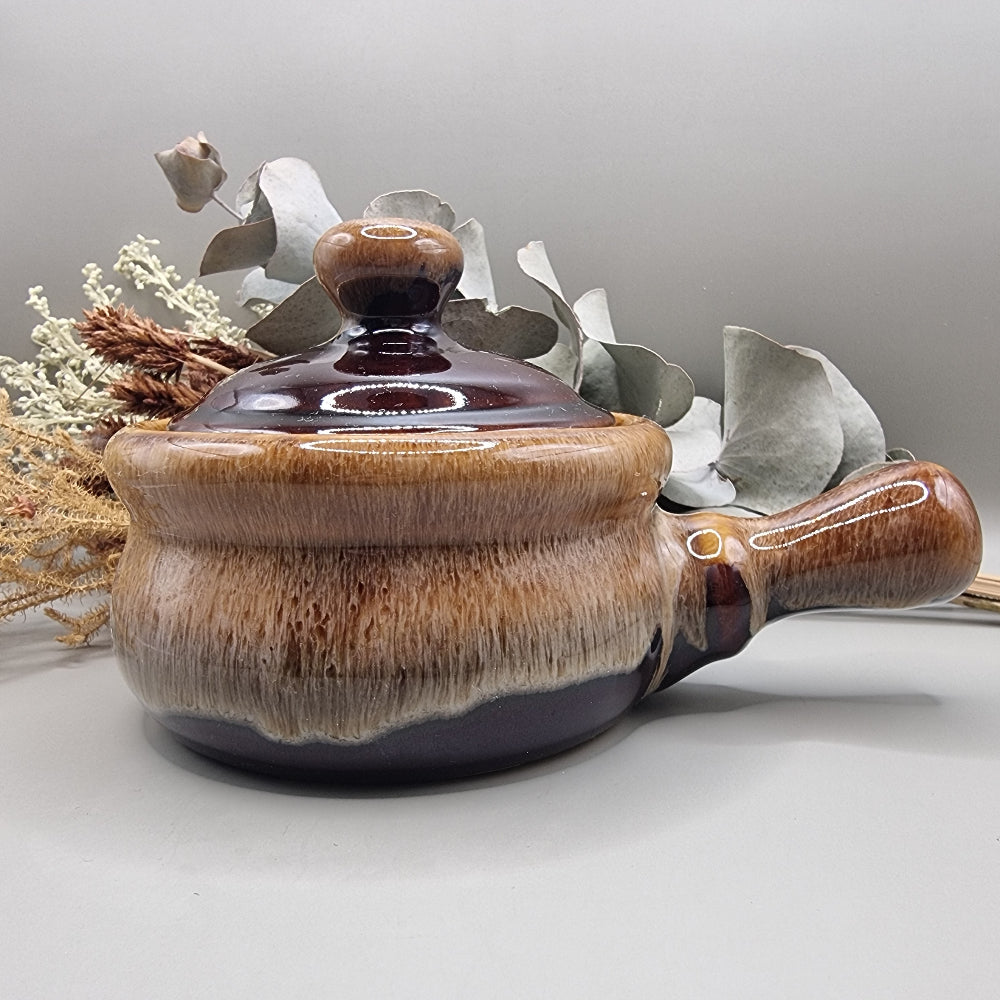 Brown drip glaze soup pot with lid and handle, 1970s style.