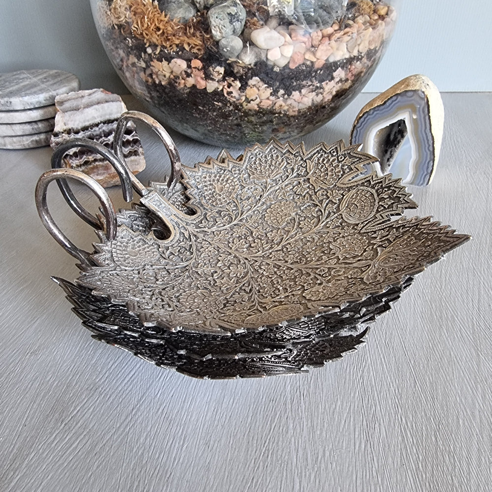 Set of 3 silver-toned metal leaf-shaped dishes with intricate engraved floral patterns