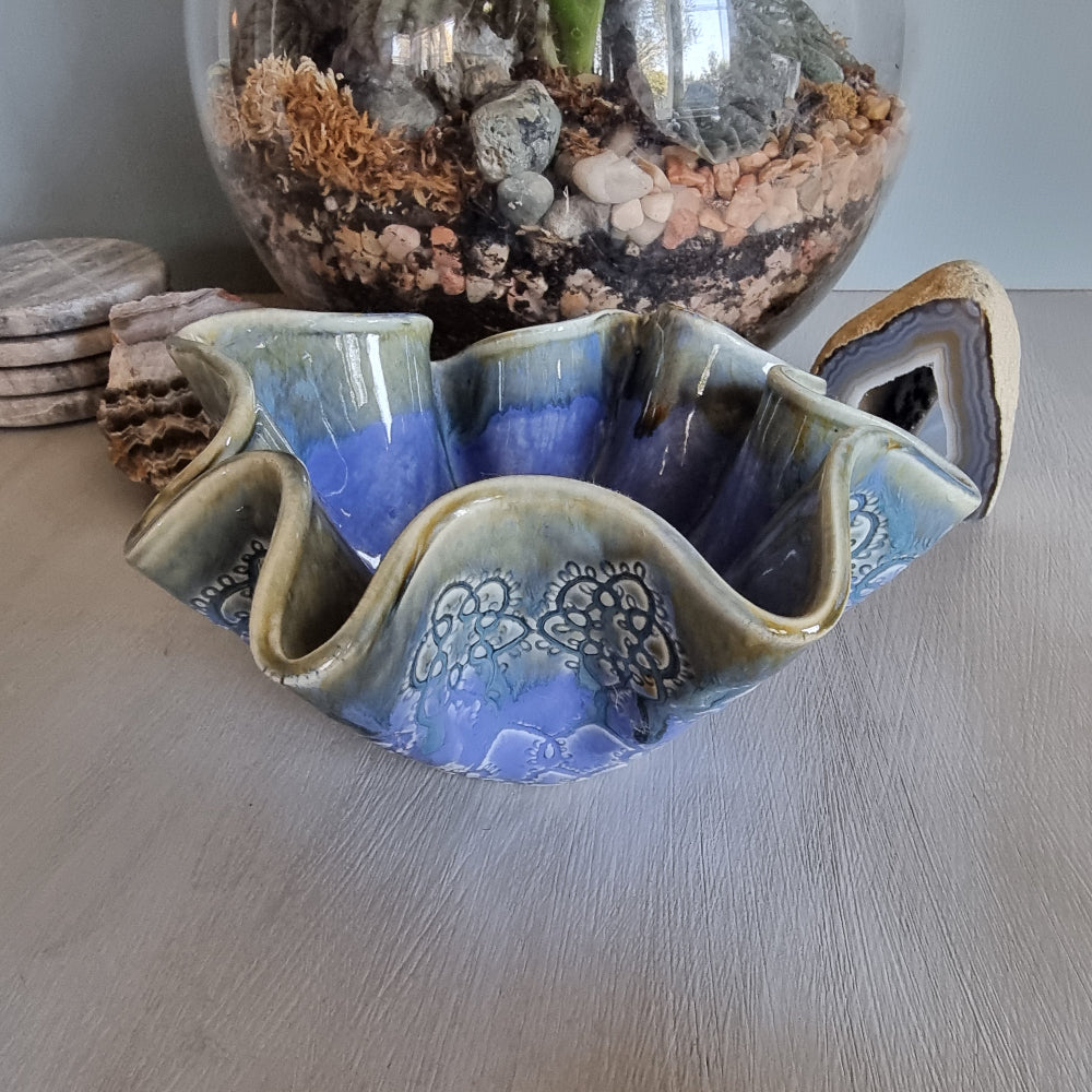 Handmade ruffled ceramic bowl in blue and green by Incline Pottery, NZ