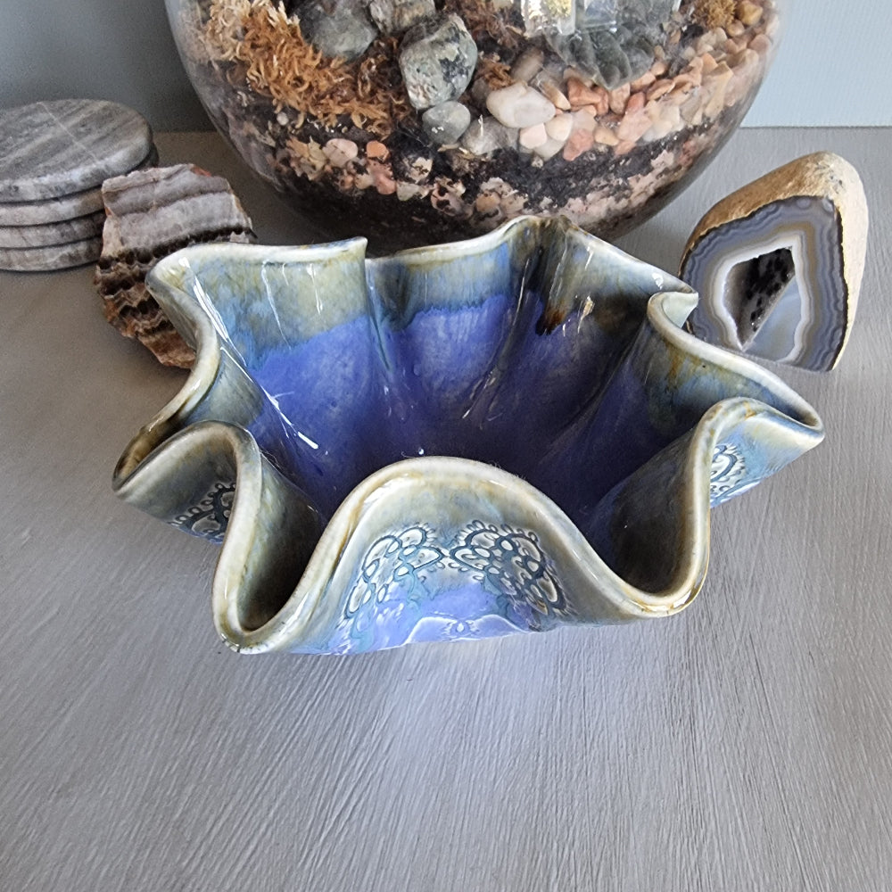 Handmade ruffled ceramic bowl in blue and green by Incline Pottery, NZ