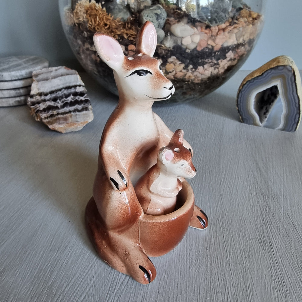 Vintage ceramic kangaroo with joey salt and pepper shakers in warm brown tones with original stoppers