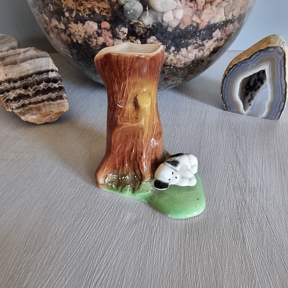 Vintage ceramic tree trunk vase with sleeping dog figurine