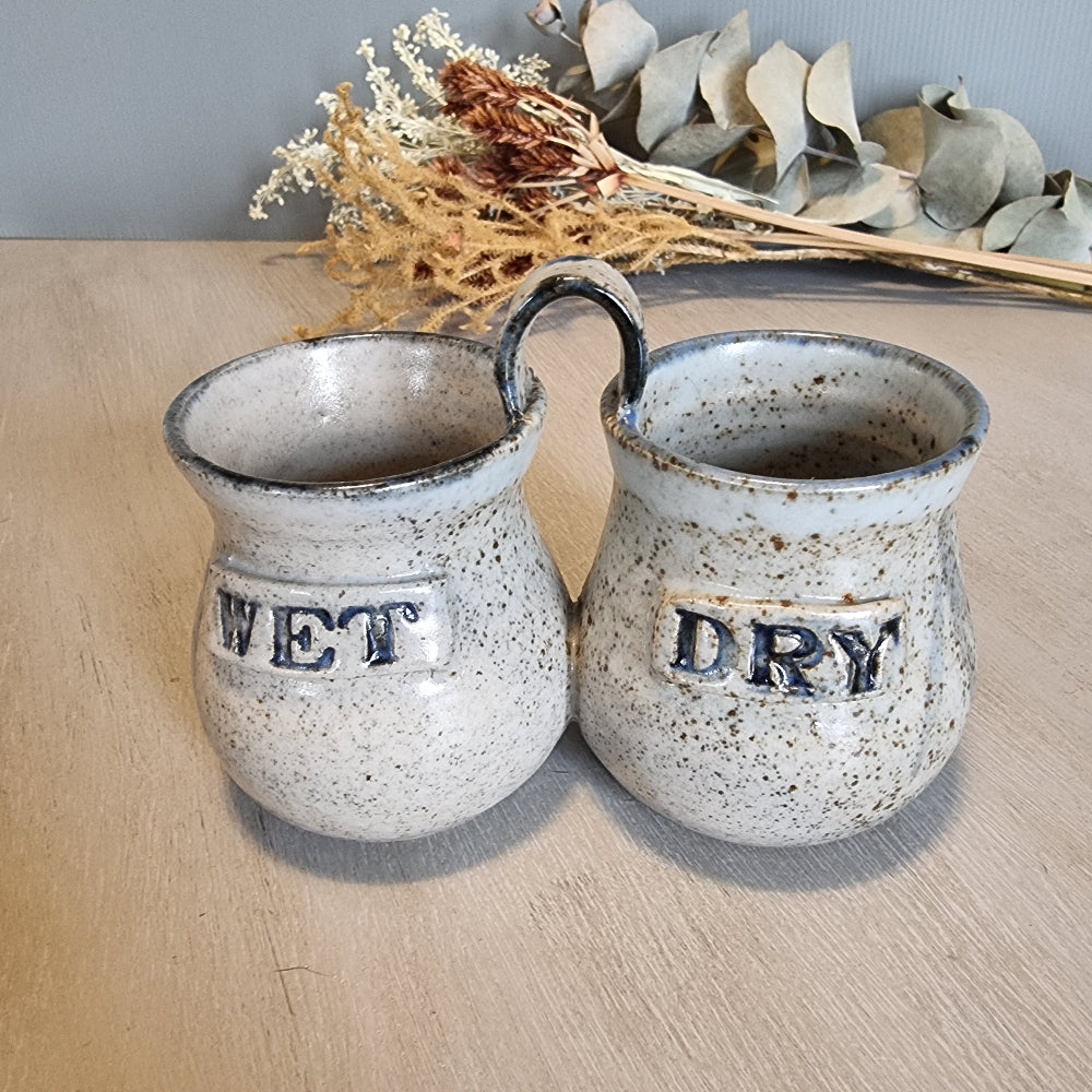 Vintage stoneware “Wet & Dry” pots with handle and speckled glaze.