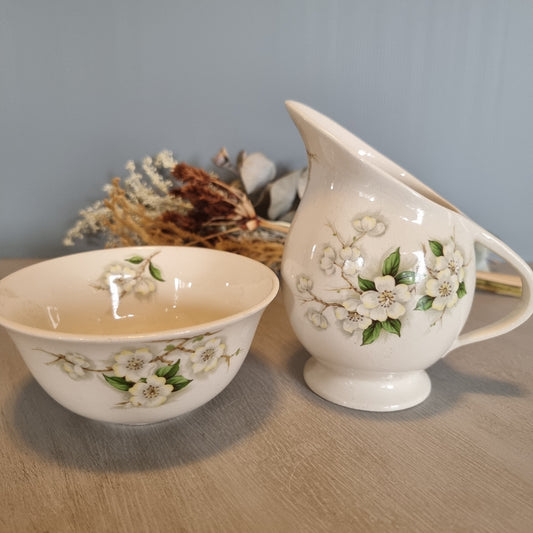 Royal Staffordshire by Clarice Cliff cream jug and sugar bowl with white blossom design.