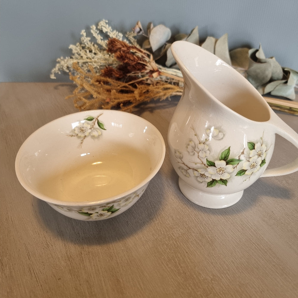 Royal Staffordshire by Clarice Cliff cream jug and sugar bowl with white blossom design.
