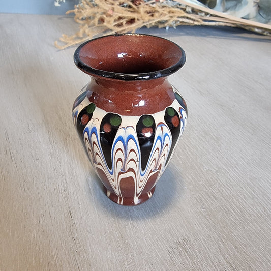 Vintage Bulgarian style vase with folk art drip-glaze in brown, cream, and blue.
