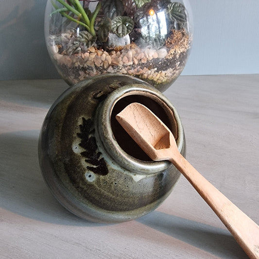 Vintage green glazed pottery salt jar with wooden scoop.