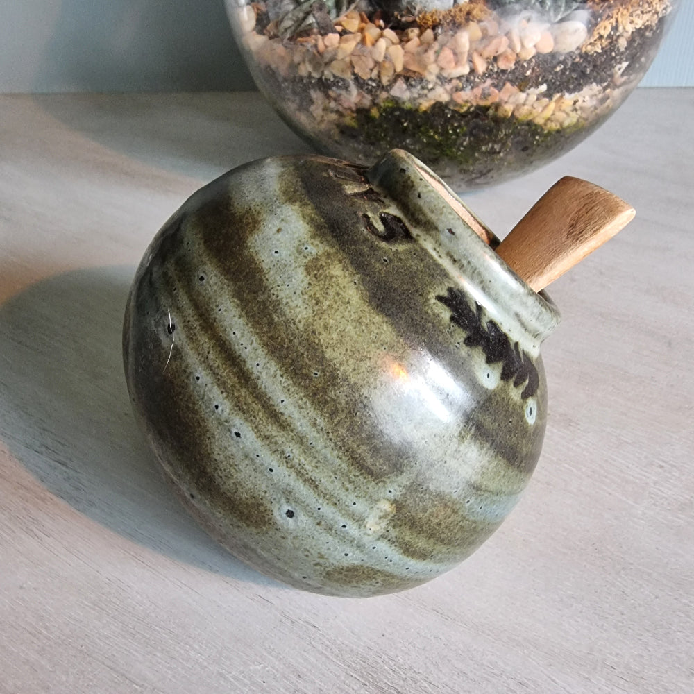 Vintage green glazed pottery salt jar with wooden scoop.