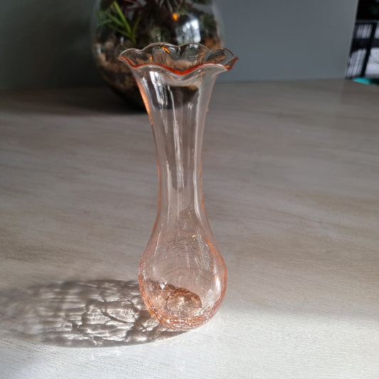 Vintage pink crackle glass bud vase with ruffled rim and soft blush tone.