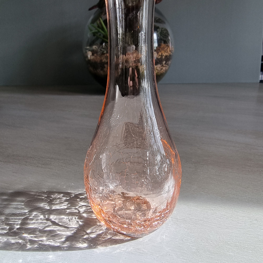 Vintage pink crackle glass bud vase with ruffled rim and soft blush tone.