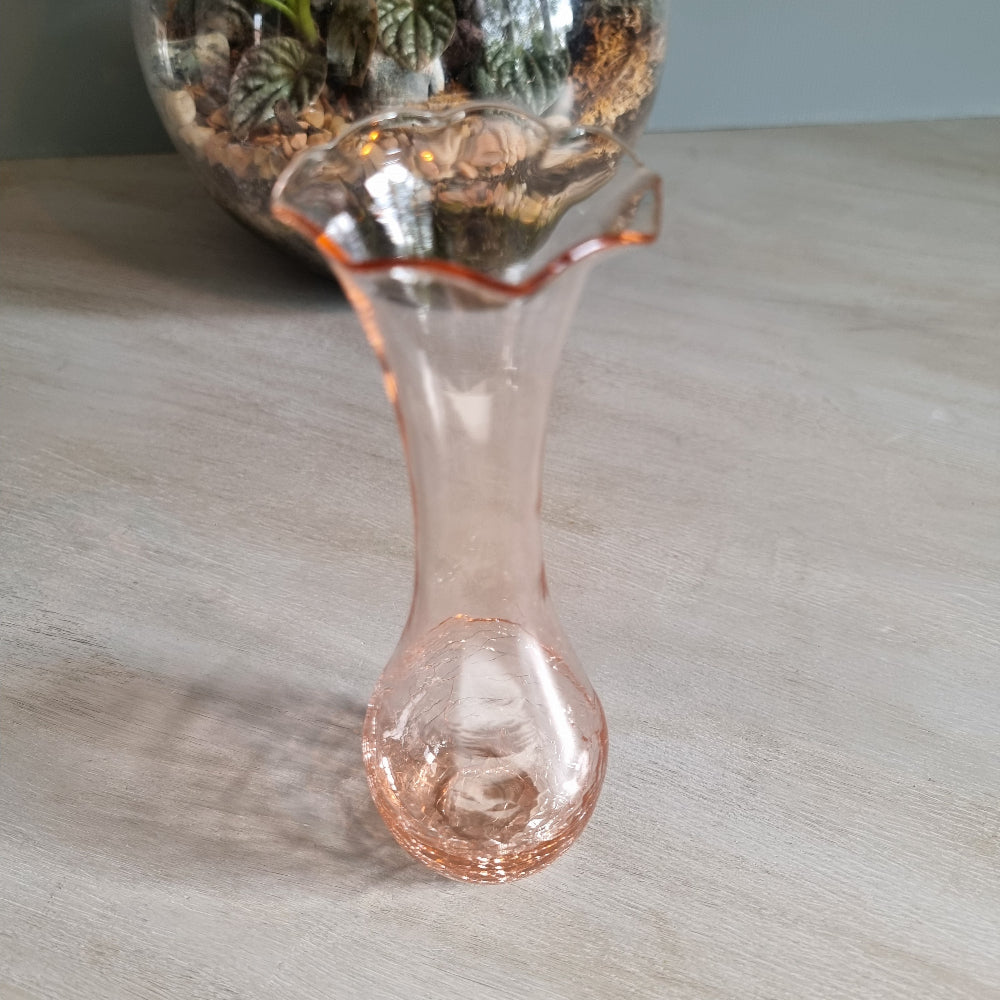 Vintage pink crackle glass bud vase with ruffled rim and soft blush tone.