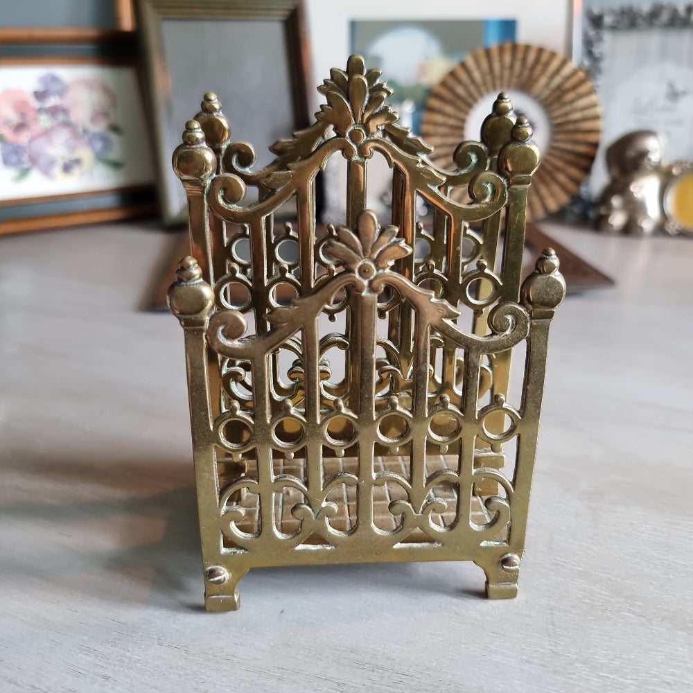 Vintage brass filigree letter rack with ornate floral design