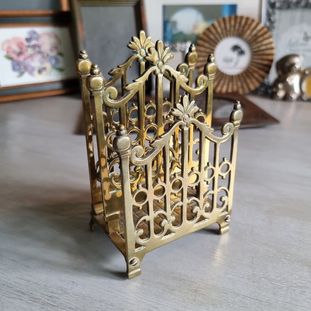 Vintage brass filigree letter rack with ornate floral design