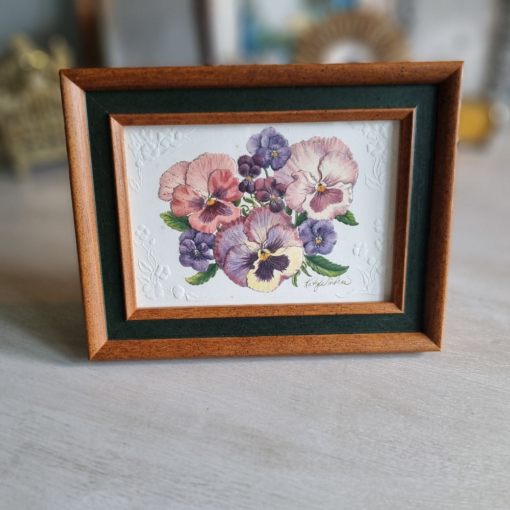 Framed pansy floral print in wooden and green frame