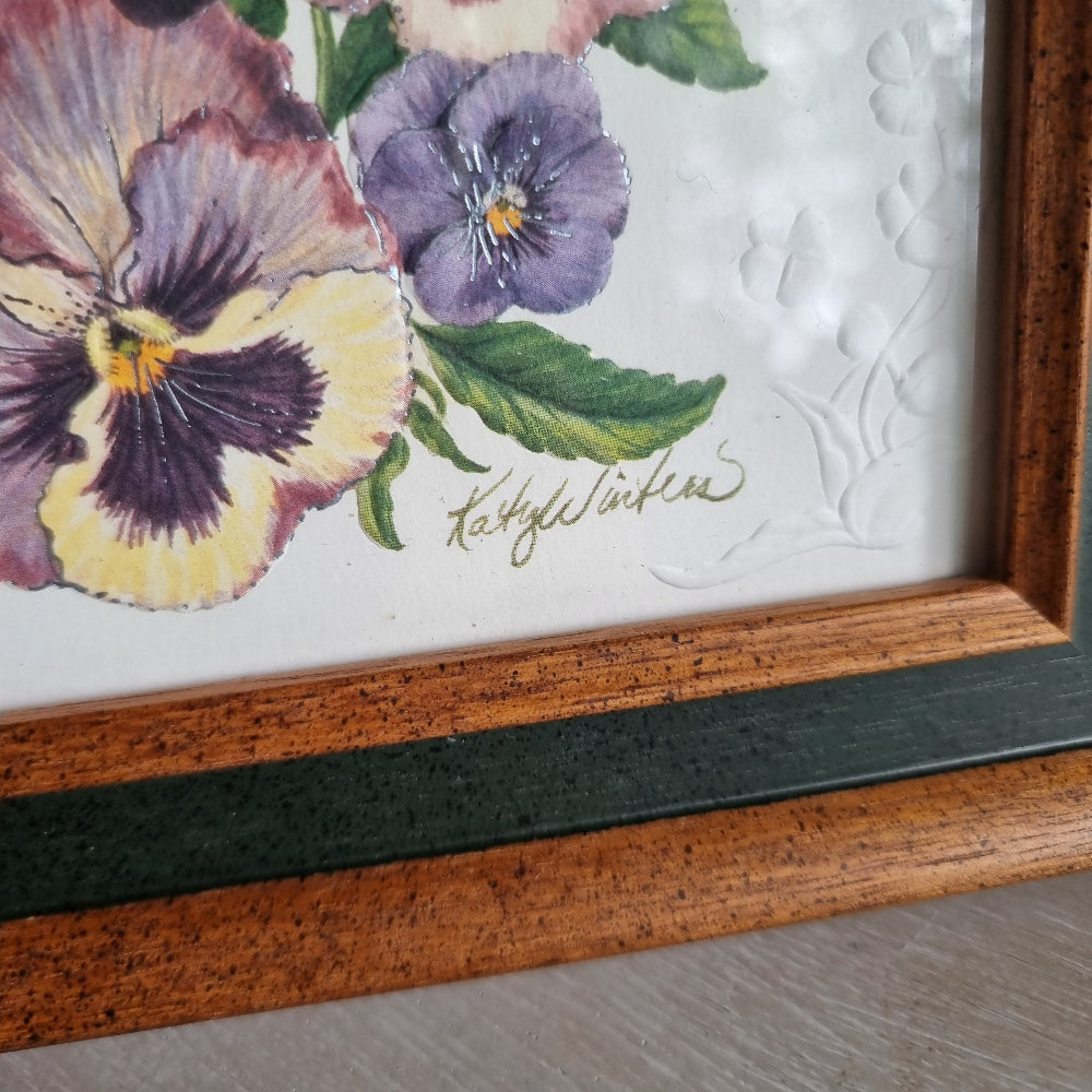 Framed pansy floral print in wooden and green frame