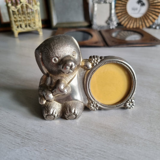 Vintage puppy photo frame money box in pewter finish