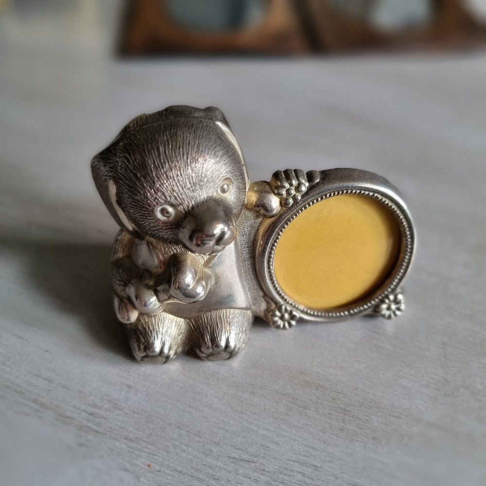 Vintage puppy photo frame money box in pewter finish